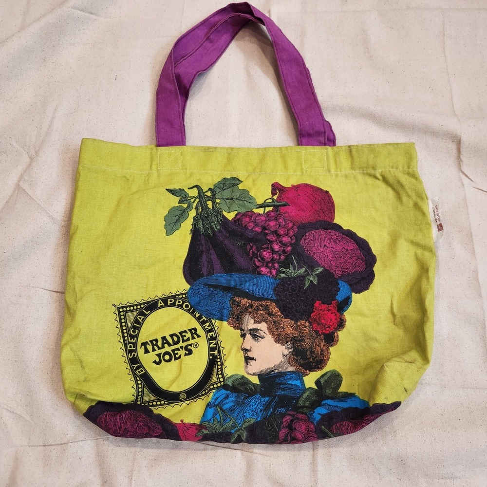 Vintage Trader Joe's Canvas Tote Bag Victorian Fruit Hat Made in USA Rare